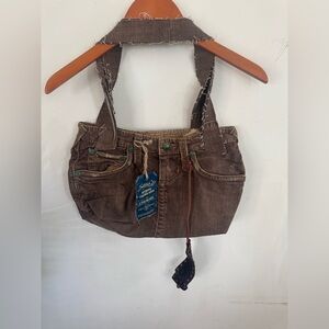 Vintage Y2K,Brown Denim Suspender Handbag - Rustic Boho Style